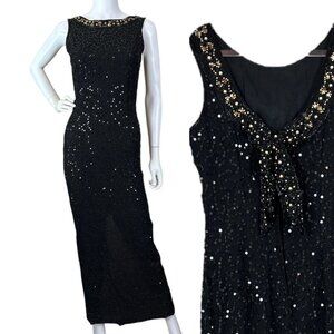 Stenay Silk Beaded Sequined Bow Low Back Long Evening Dress Black Gold Size 4